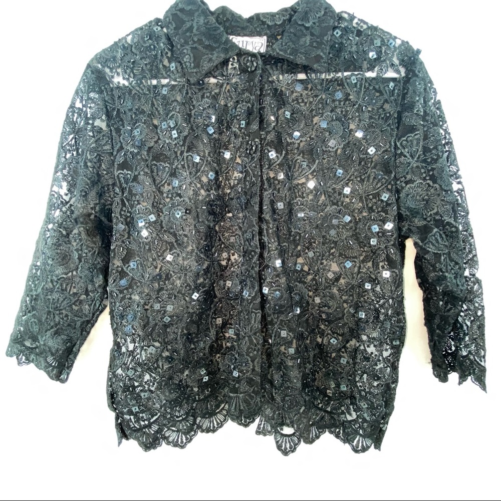 Vintage Black Lace Sequin Scalloped Hem Collared Top